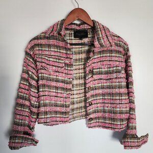 Luna Allegra Italy Pink Tweed Button-Up Cropped Jacket Sz S Classic Summer Coat